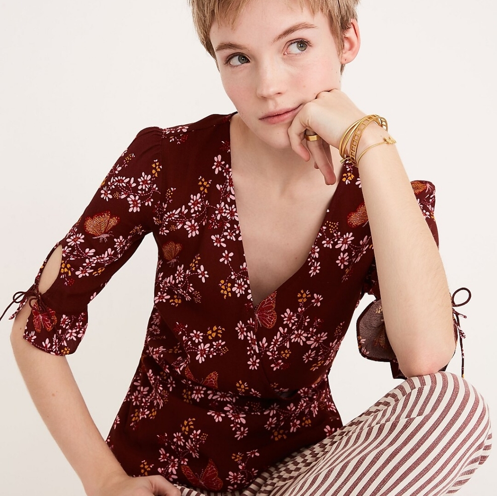 Madewell Tie-Sleeve Wrap Top in Butterfly Sanctuary